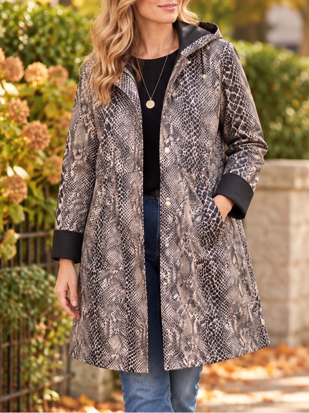 Larry Levine Snake-Print Hooded Trench Coat Jacket Black & Taupe Women’s Size L